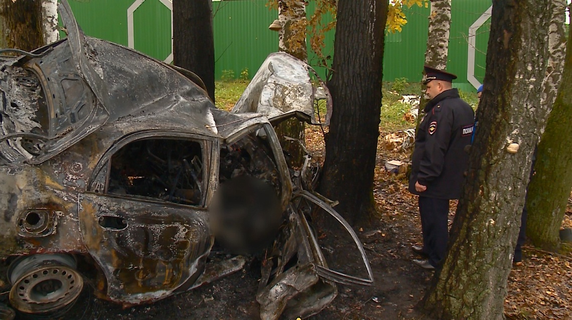 В Пензе на улице Зеленодольской автомобиль протаранил несколько деревьев и загорелся